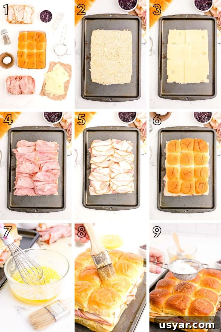Step by step photo collage showing how to make monte cristo sliders.