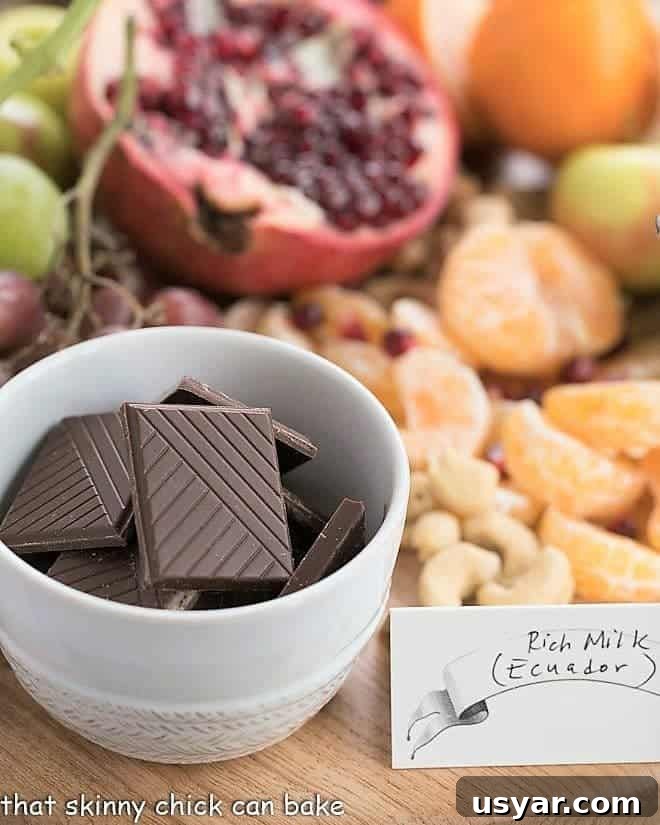 Chocolate Dessert Board - an elegant way to end a meal with top notch chocolates, fruit and cheeses artfully displayed for a jaw dropping presentation! Chocolate Dessert Board with a white bowl of chocolate squares, fruit and nuts