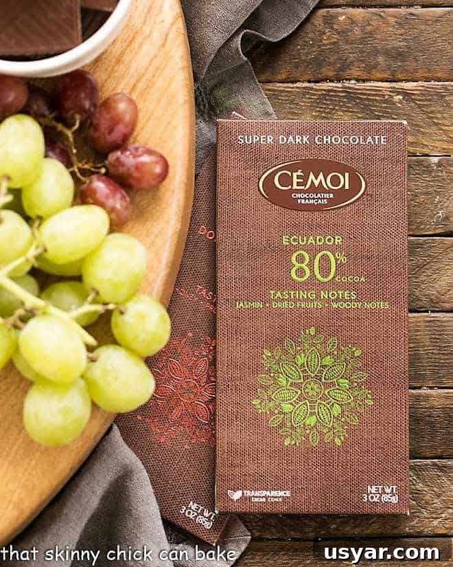 Chocolate Dessert Board - an elegant way to end a meal with top notch chocolates, fruit and cheeses artfully displayed for a jaw dropping presentation! Cemoi Chocolate bars next to chocolate dessert board