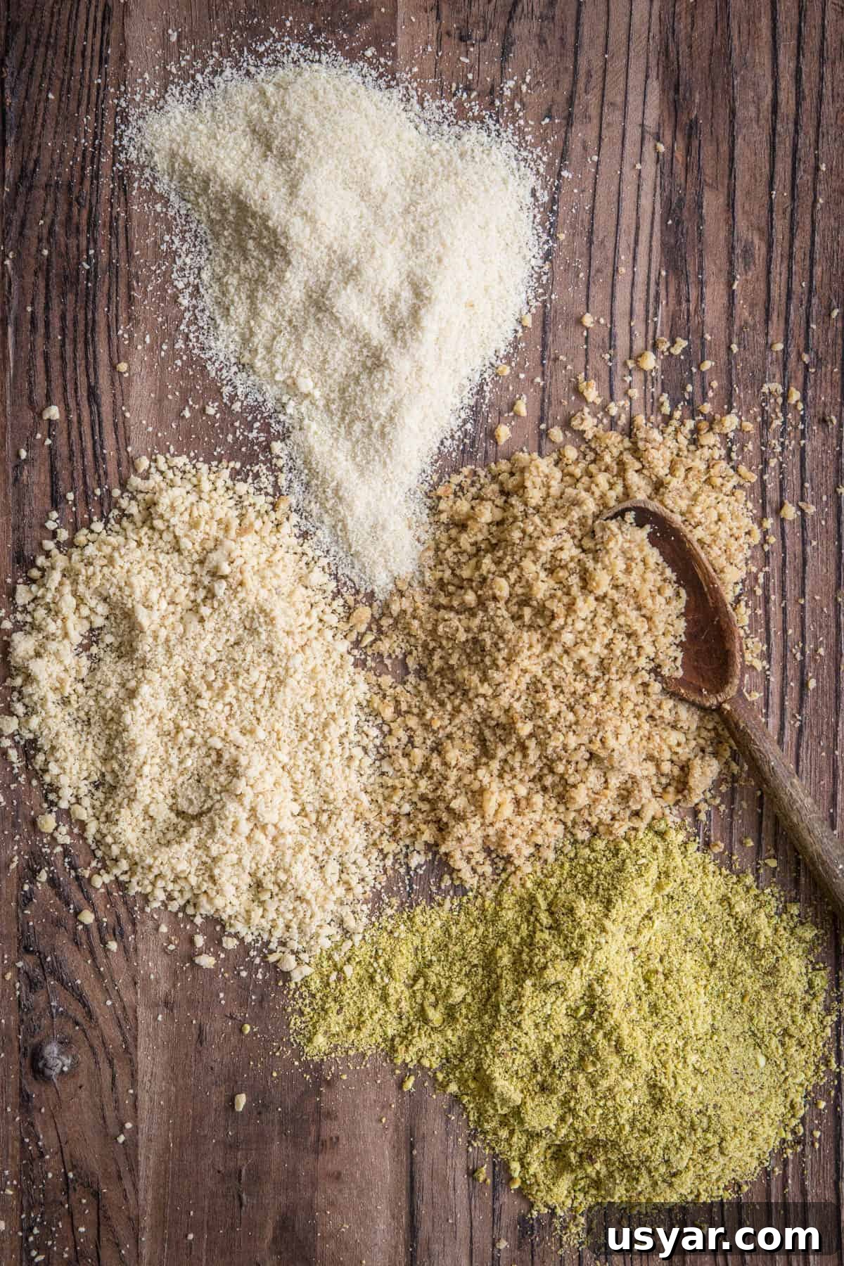 Nut Flours: Uses, Baking Tips and Substitutes 2 overhead shot of jars of nut flours on a wooden board