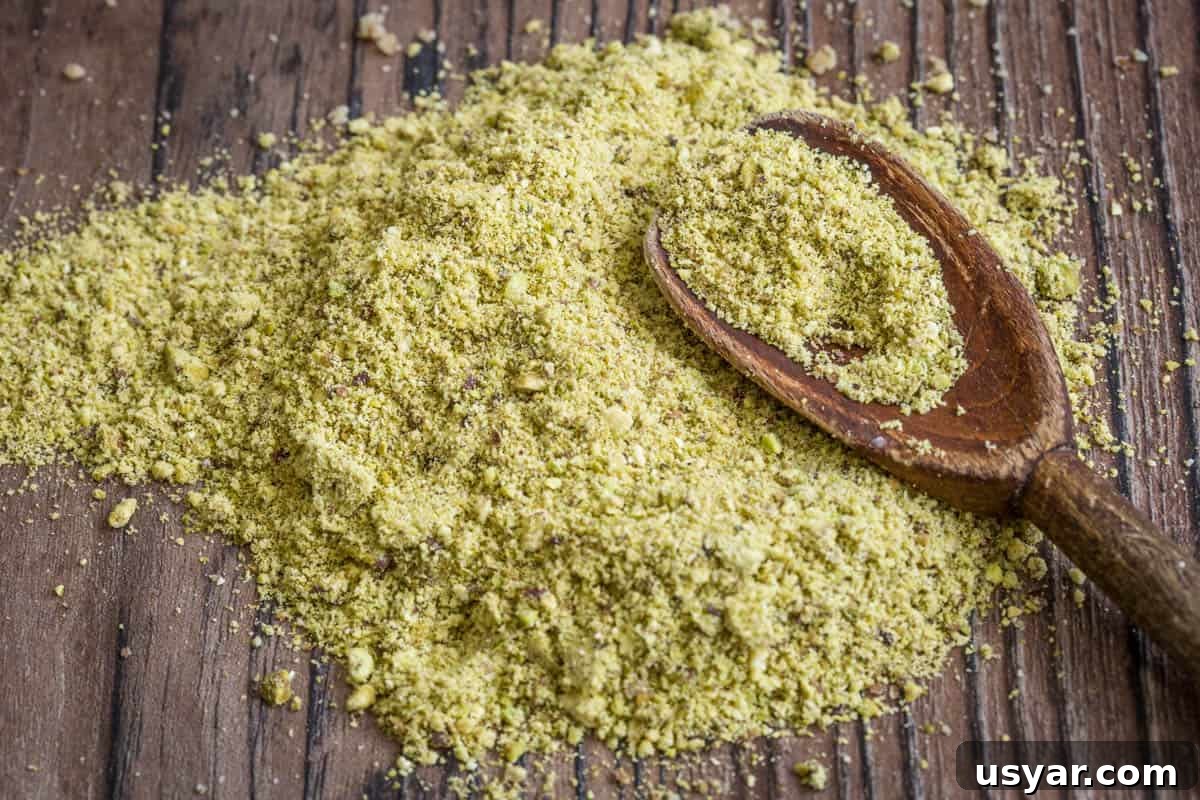 Nut Flours: Uses, Baking Tips and Substitutes 19 overhead shot of Pistachio Meal on a wooden board