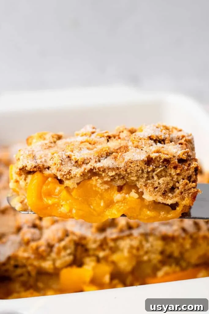 Mom's 90s Gluten-Free Peach Cobbler Recipe 2 Mom's Gluten Free Peach Cobbler on a serving spoon with crumbly topping and golden fresh peach filling