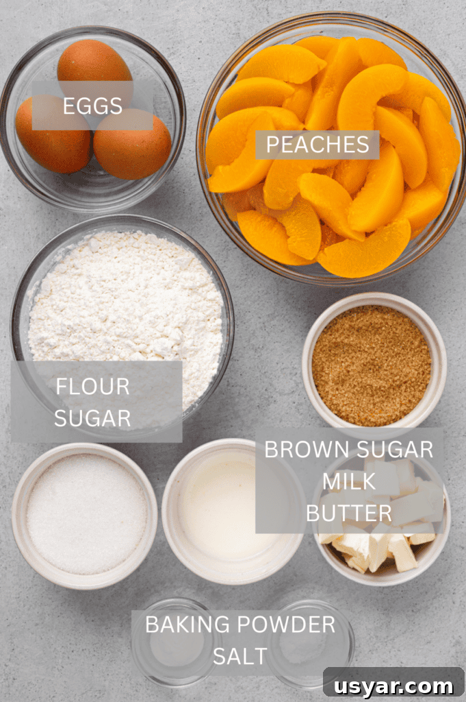 Mom's 90s Gluten-Free Peach Cobbler Recipe 5 Top down image of ingredients for gluten free peach cobbler. each ingredient in a small bowl with label above