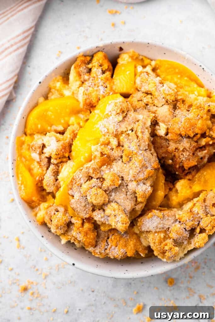 Mom's 90s Gluten-Free Peach Cobbler Recipe 7 Top down image of a bowl of gluten free peach cobbler with fresh peach filling and golden brown crumbly top