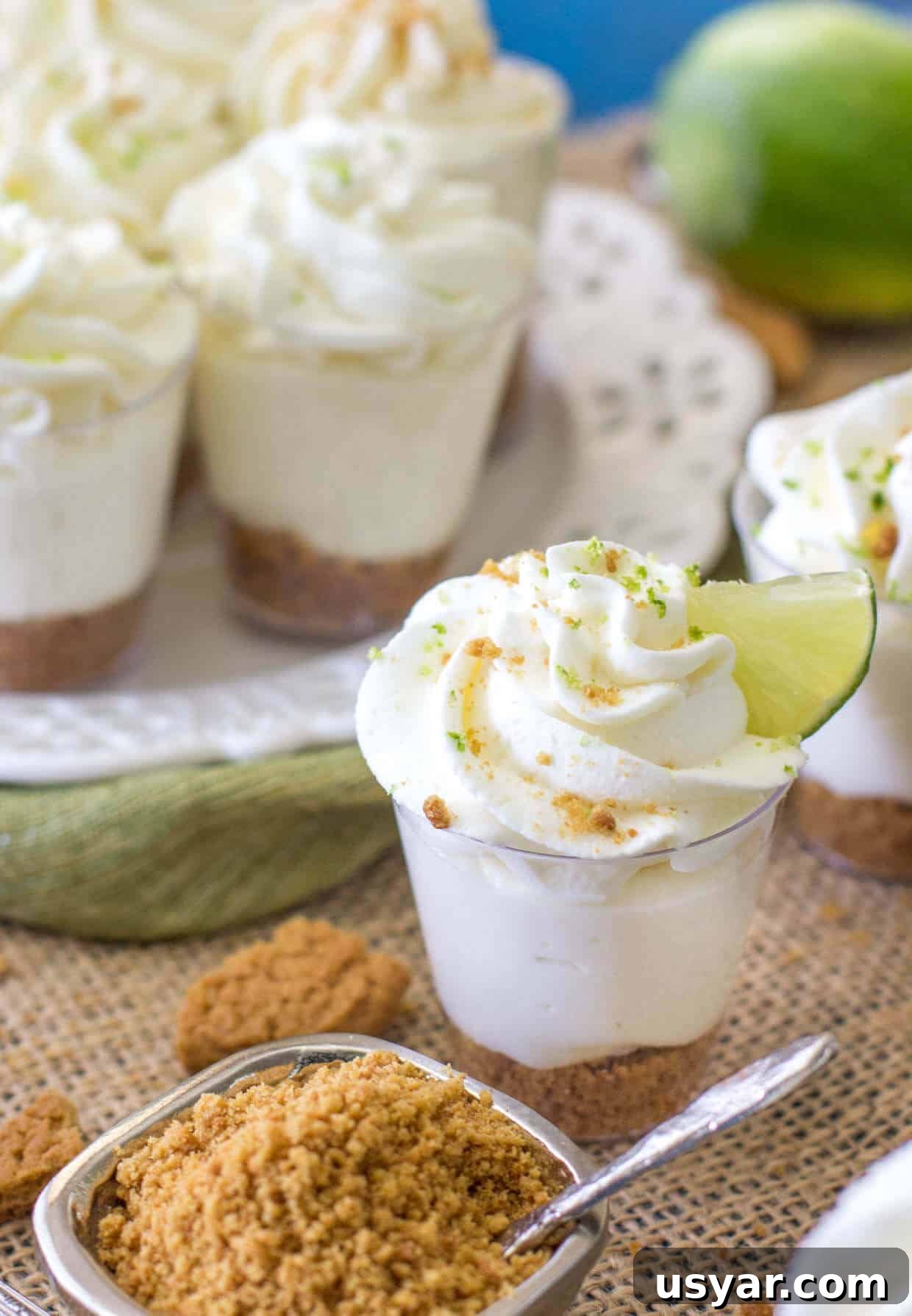 Key lime pie dessert shooters with gingersnap crust -- via SugarSpunRun