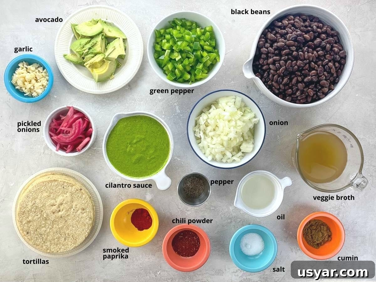 Smoky Black Bean Vegan Tacos with Avocado Lime Slaw 3 ingredients in bowls