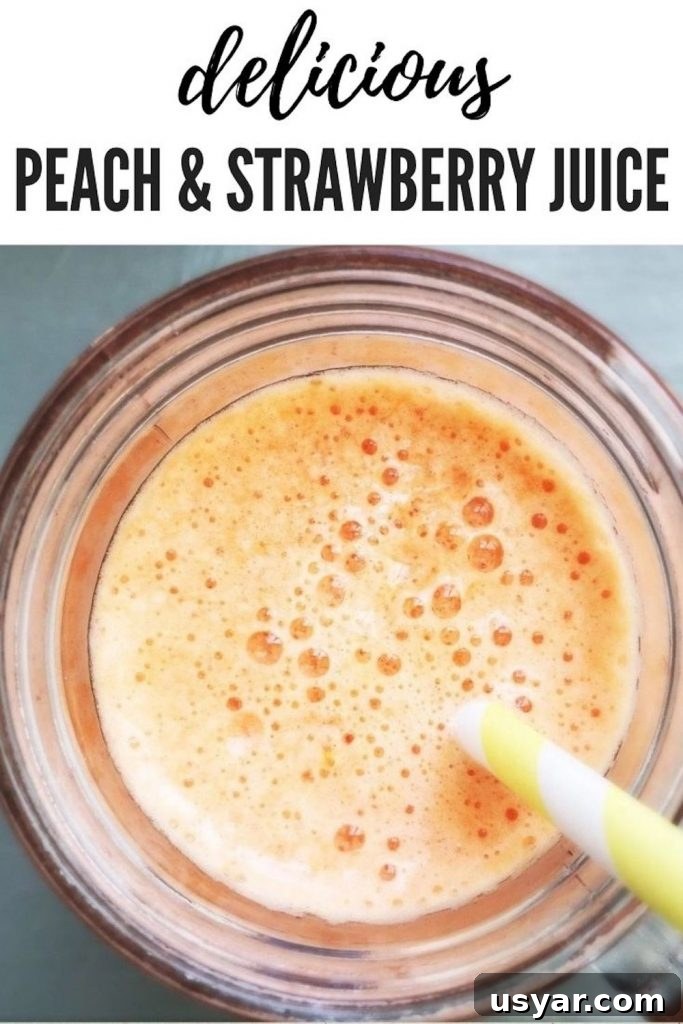 Homemade Peach and Strawberry Juice Recipe 5 peach and strawberry juice freshly made poured into a kilner jar with a yellow and white paper straw