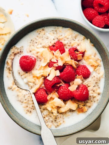 Bowl of Overnight Oats with Coconut Milk, topped with raspberries and coconut.