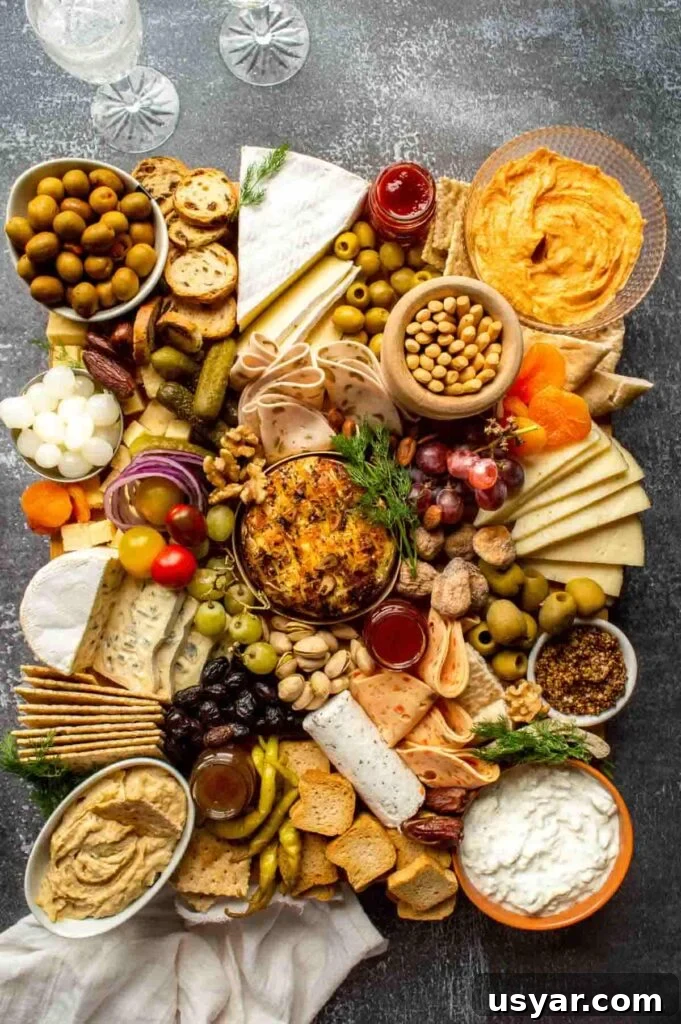 How to Build a Stunning Vegetarian Charcuterie Board 2 Top down view of a vegetable and cheese charcuterie board with two glasses of wine