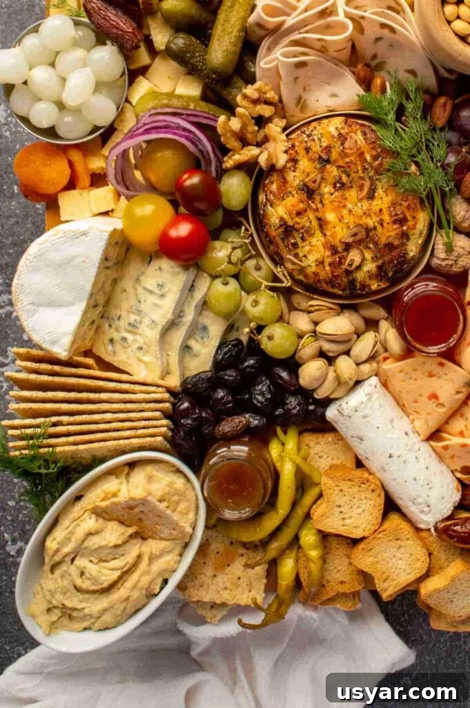 How to Build a Stunning Vegetarian Charcuterie Board 3 Top down view of the corner of a charcuterie board with hummus and crackers and cheeses