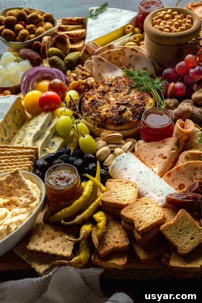 How to Build a Stunning Vegetarian Charcuterie Board 4 Front view of a wooden board covered in cheeses and olives and fruit and crackers
