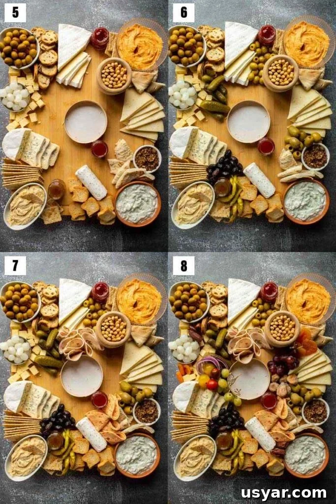 How to Build a Stunning Vegetarian Charcuterie Board 7 numbered collage of four images, showing finishing up the assembly of a charcuterie board