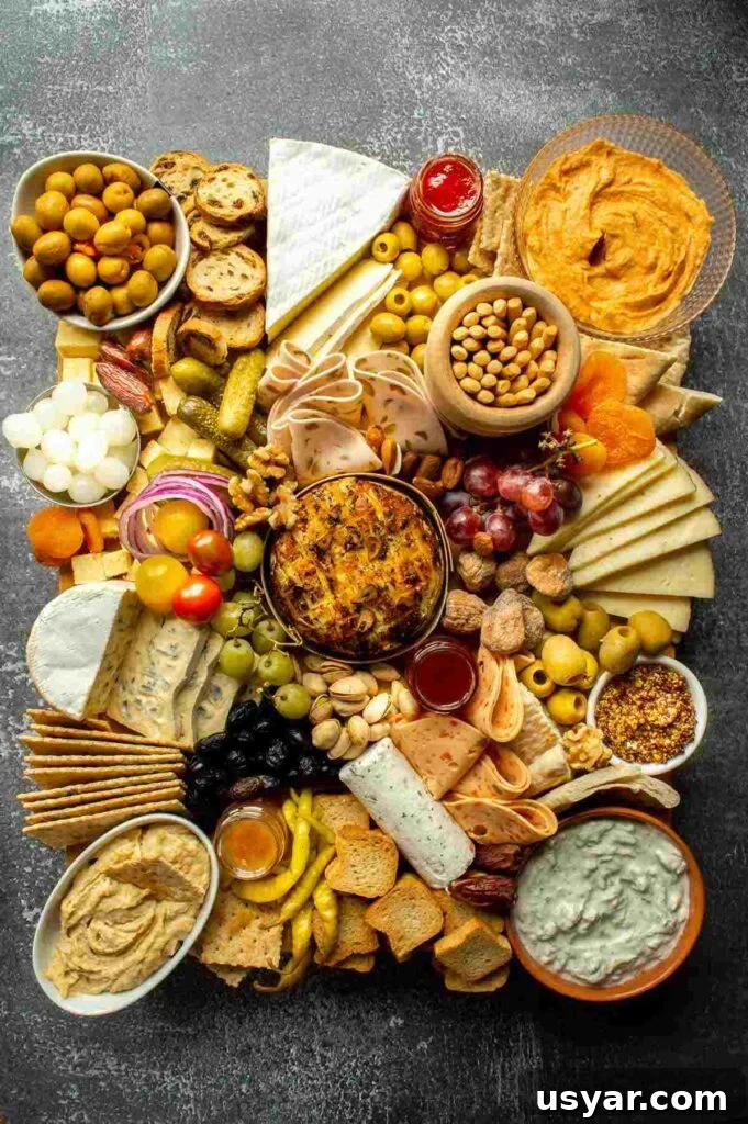How to Build a Stunning Vegetarian Charcuterie Board 8 A charcuterie board with cheese and crackers and fruit on a black background