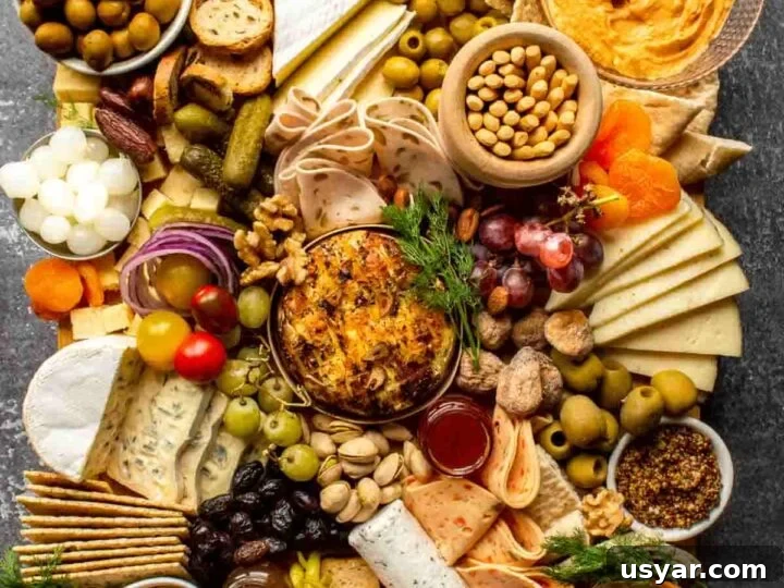 Top down view of a vegetable and cheese charcuterie board with two glasses of wine
