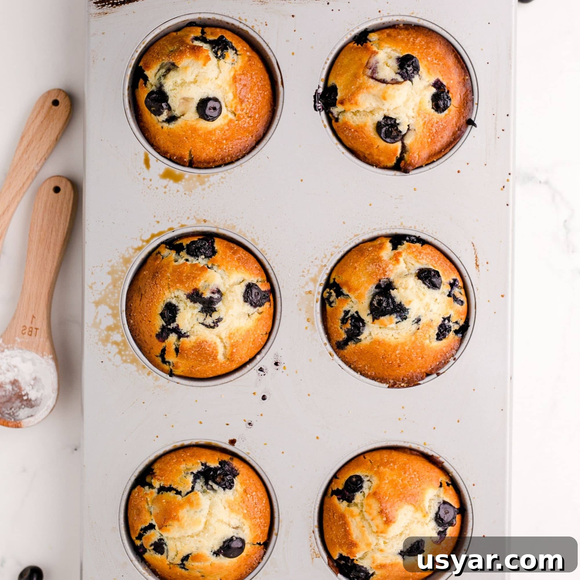 Blueberry muffins recipe in a jumbo muffin tin.
