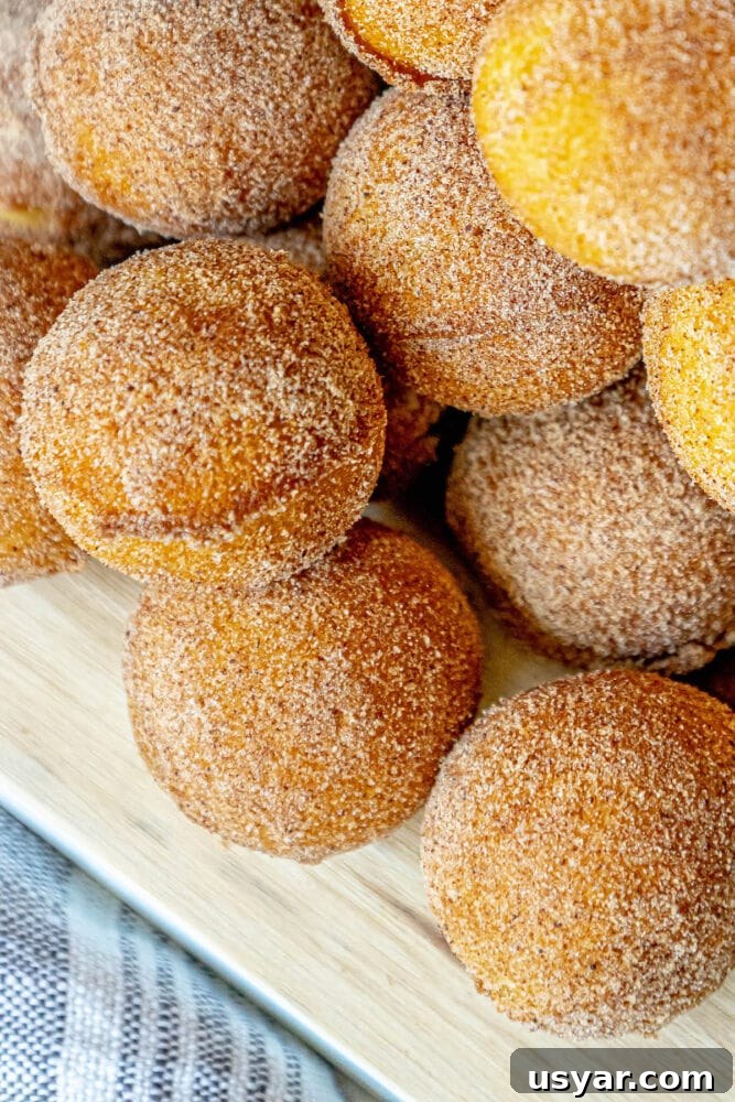 Homemade Baked Cinnamon Sugar Donut Holes Recipe 3 Peach donuts on a wooden cutting board served with easy baked cinnamon sugar donut holes.