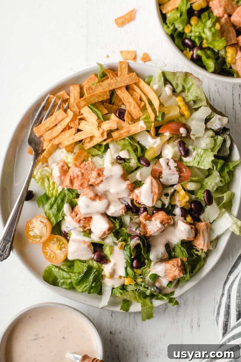 southwest bbq chicken salad with chipotle ranch dressing on top.