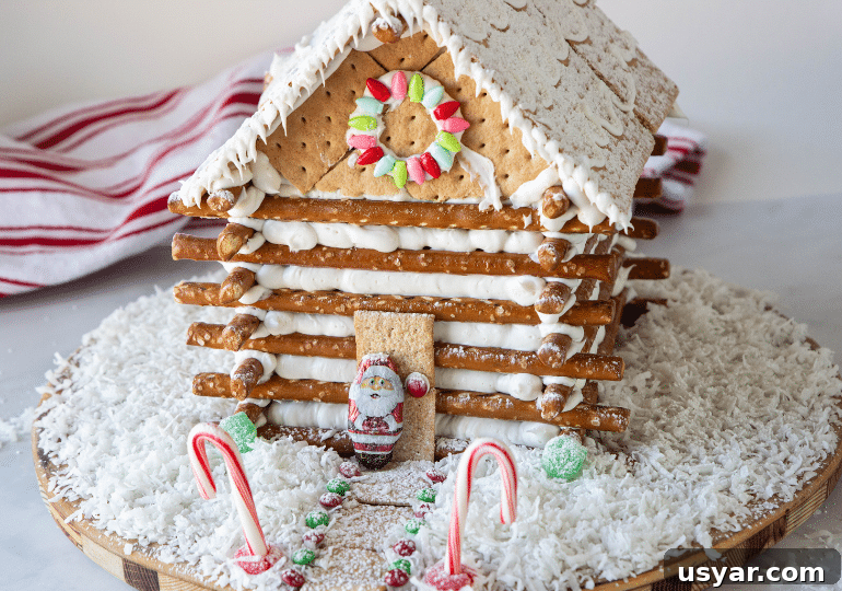 log cabin house on table with coconut shavings around it