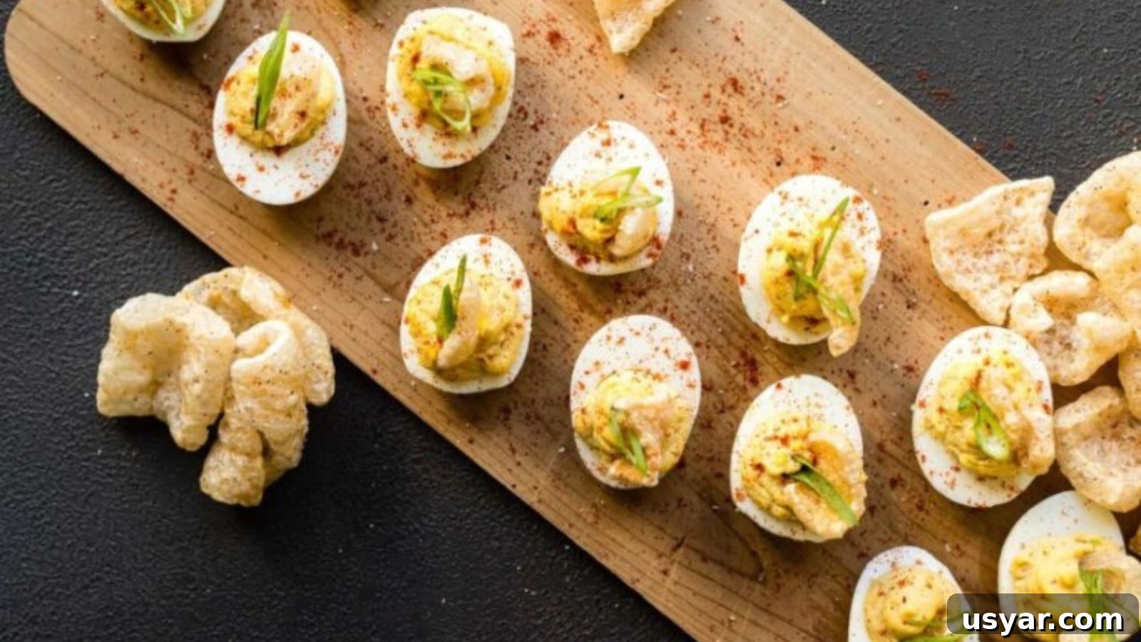 17 Potluck Appetizers to Get the Party Started 19 Deviled eggs topped with chicharrones and spicy seasoning.