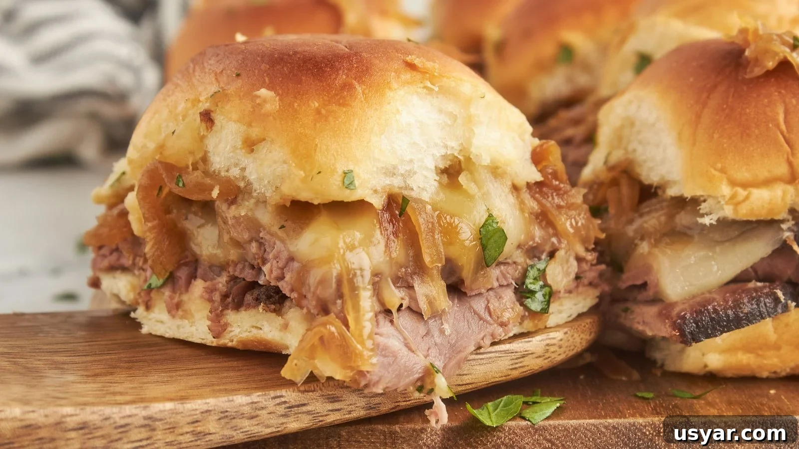 17 Potluck Appetizers to Get the Party Started 6 French dip sliders with tender beef and warm jus for dipping.