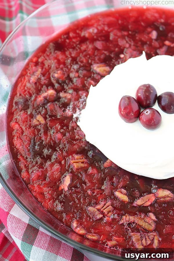 Old Fashioned Cranberry Salad with Pineapple and Pecans 6 Old Fashioned Cranberry Salad in a clear bowl with whipped cream and fresh cranberries.