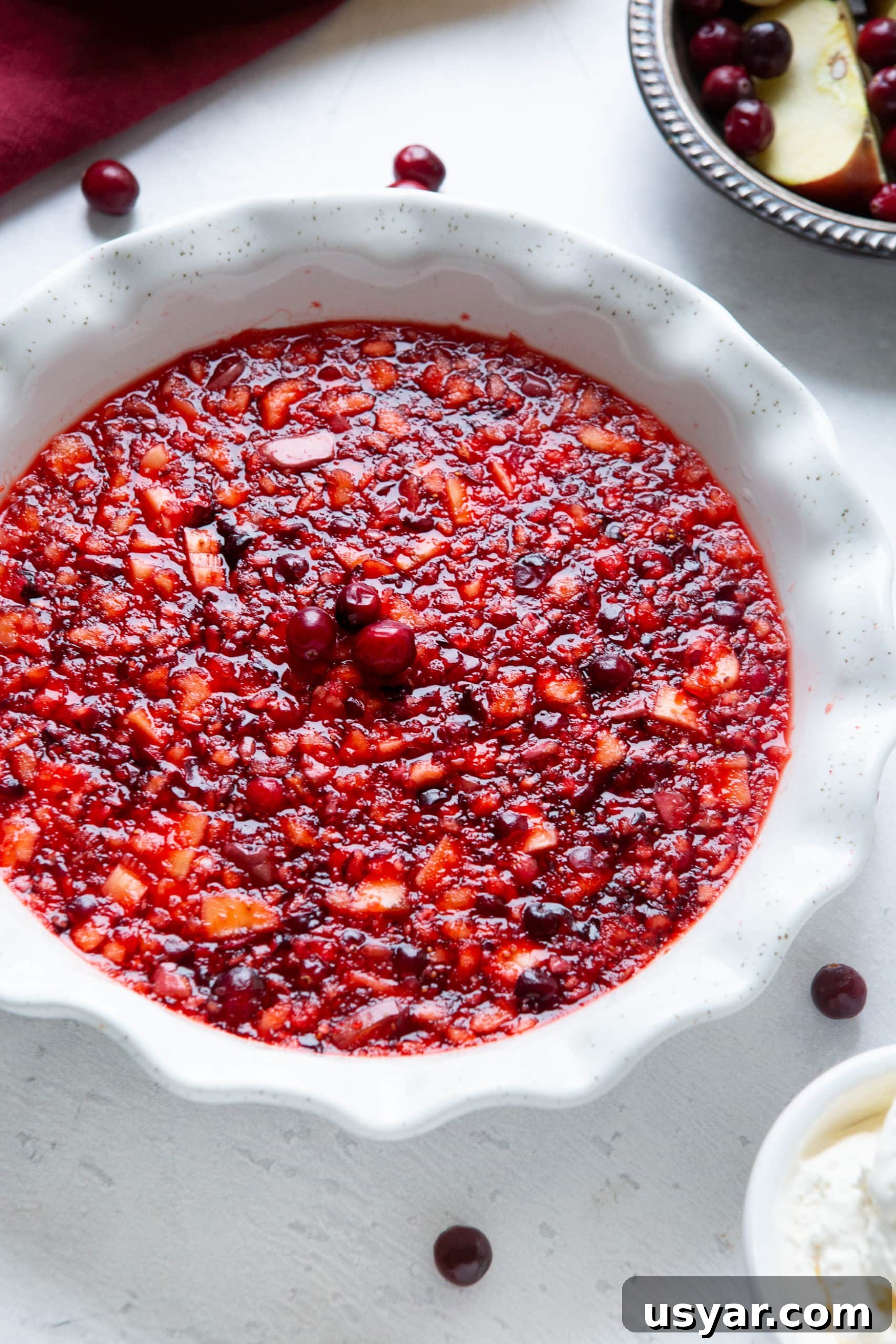 a closeup photo of a white ceramic pie dish full of a red fruit-filled jello topped with three fresh cranberries.