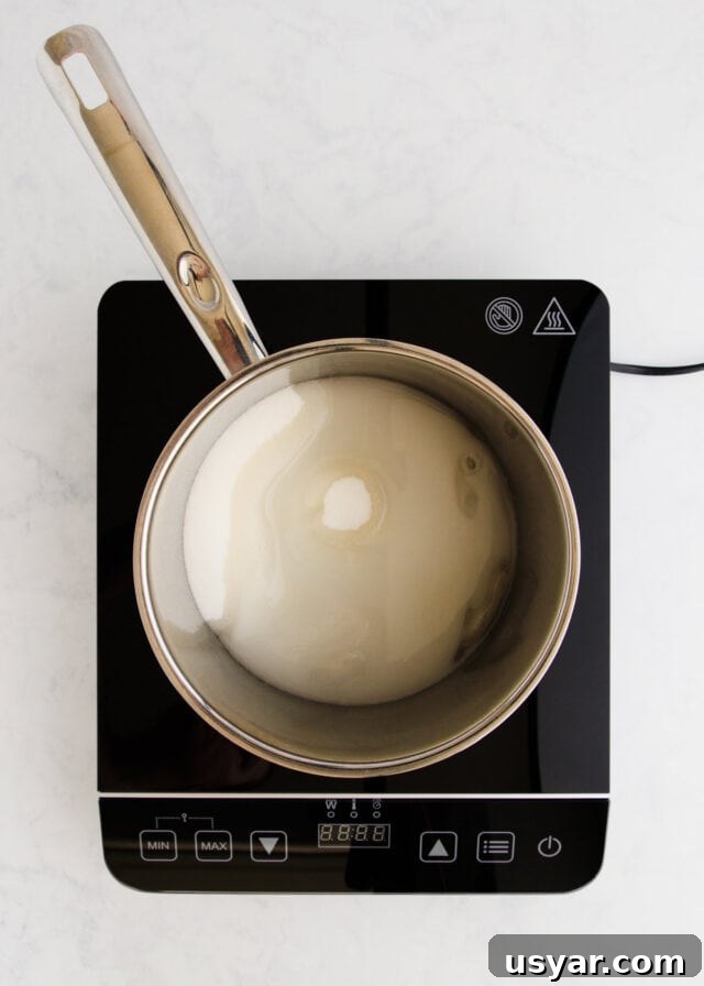 Rum Caramel Sauce Recipe 5 The sugar dissolving in a stainless steel saucepan on a small black induction cooker.