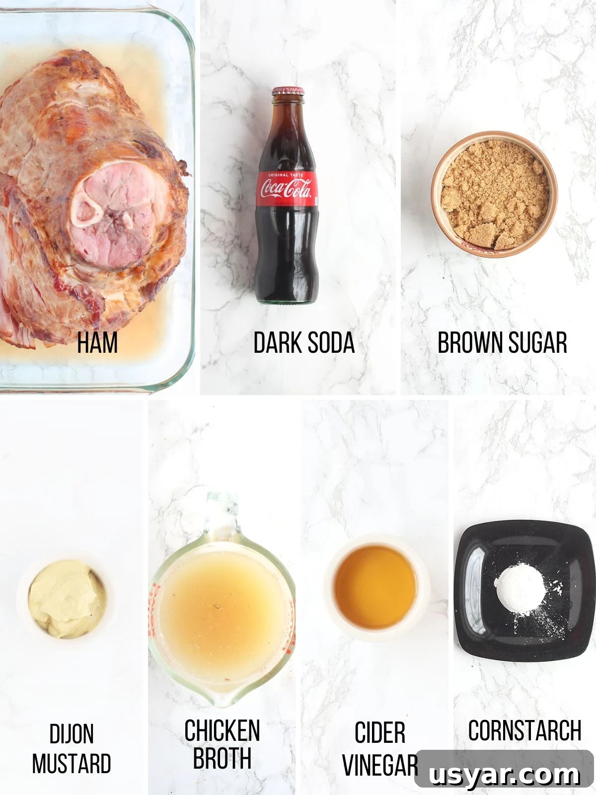 Coca Cola Glazed Ham Recipe 3 Collage of ingredients needed to make baked ham with coca-cola glaze.