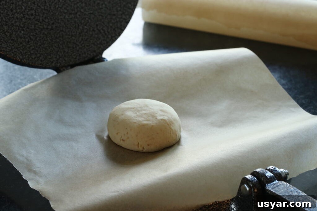 Gluten-Free Vegan Tortillas Recipe 5 Cassava flour dough mound on tortilla press
