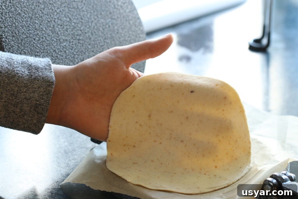 Gluten-Free Vegan Tortillas Recipe 7 Holding pressed tortilla