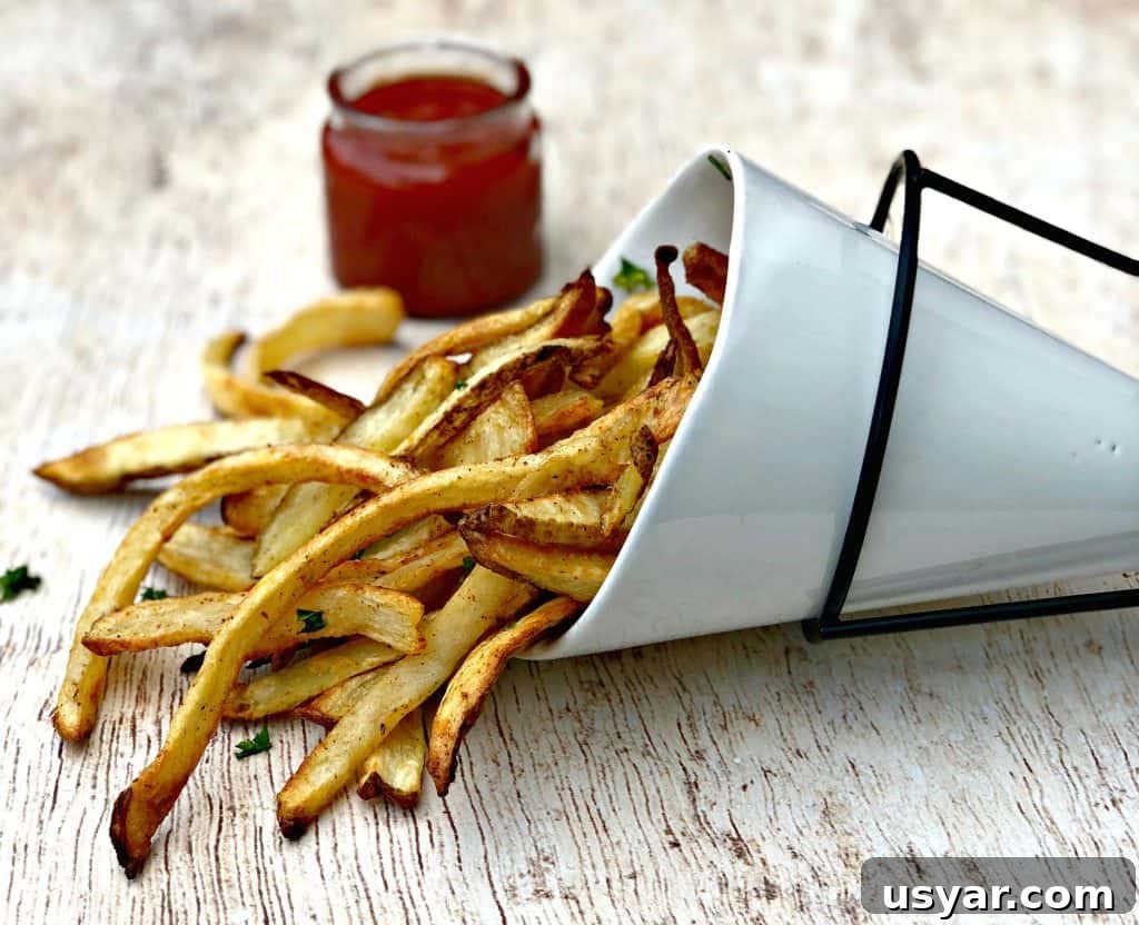 Crispy Homemade Air Fryer French Fries 10 air fryer fries in a white can with ketchup