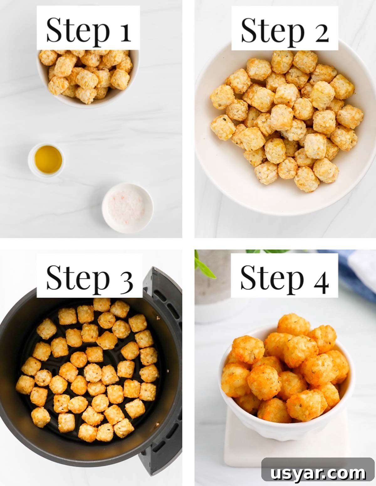 A collage of four images labeled "step 1-step 4". Step 1: small white bowls filled with tater tots, olive oil, and salt. Step 2: A white bowl filled with frozen tater tots. Step 3: tater tots inside an air fryer. Step 4: cooked tater tots in a white bowl.