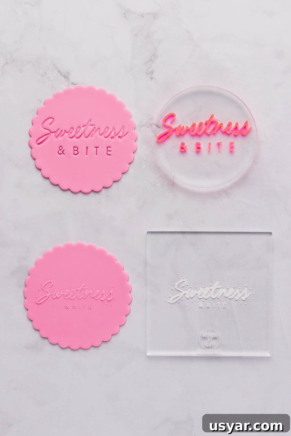 A side by side comparison of a debossing stamp (imprinted design) and an embossing stamp (raised design), using the Sweetness & Bite logo.