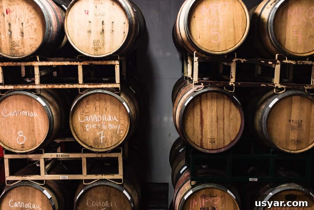 Another shot of the oak barrels aging the wine at Davero's biodynamic farm and winery.