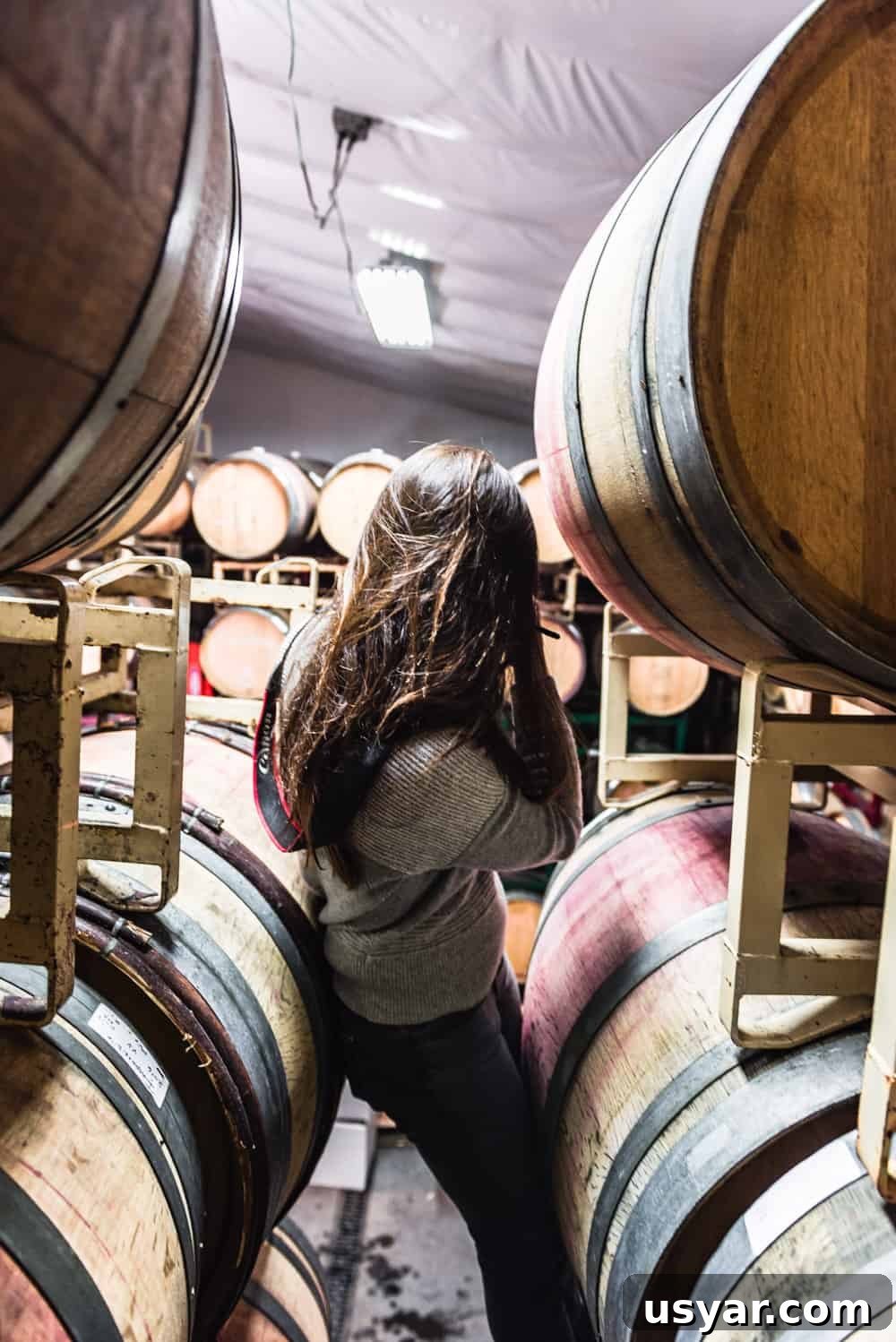Behind the scenes shot of me taking pictures in Davero's biodynamic farm and winery barrel room.