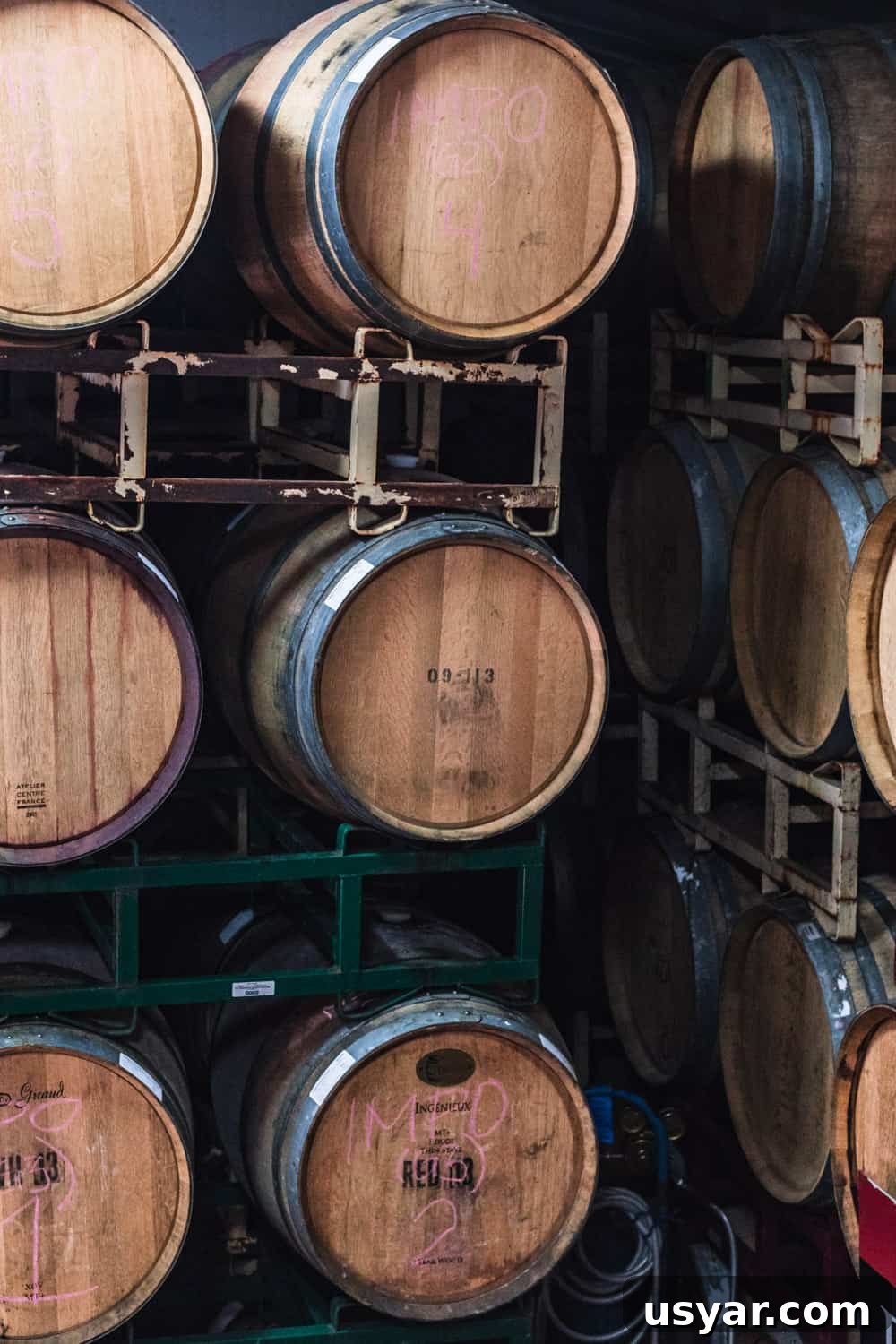 The wooden barrels aging the wine at Davero's biodynamic farm and winery.