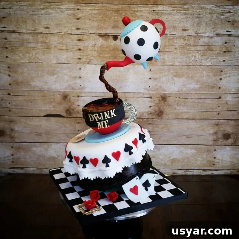 Custom Cakes for Weddings, Birthdays and Special Events 2 Alice in Wonderland custom cake of a teapot being poured into a Drink Me cup on a heart and spade tablecloth.