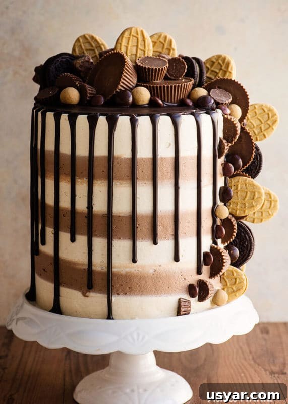 Custom Cakes for Weddings, Birthdays and Special Events 12 4 tiered peanut butter custom cake topped with nutter butters, chocolates and peanut butter candies, chocolate dripping down side of cake.