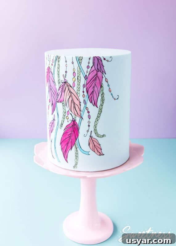 Custom Cakes for Weddings, Birthdays and Special Events 8 Hand painted multiple tier fondant cake sitting on a pink cake display.