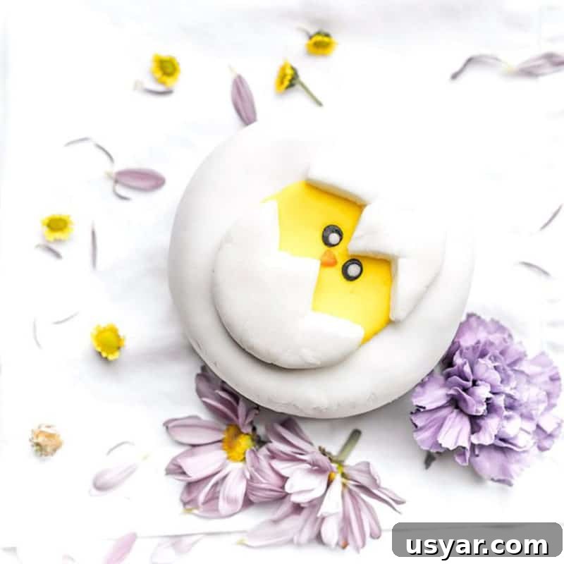 Custom Cakes for Weddings, Birthdays and Special Events 10 Easter chick fondant cake, purple flowers on table.