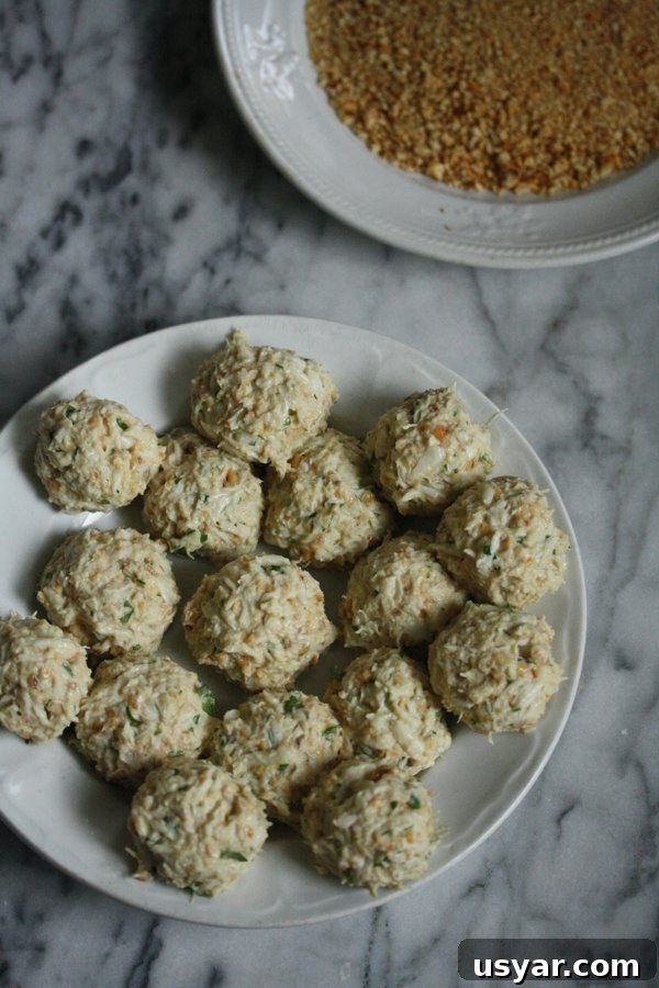 Pretzel-Crusted Gluten-Free Crab Cakes Recipe 6 raw gluten-free crab cakes next to plate of pretzel crumbs