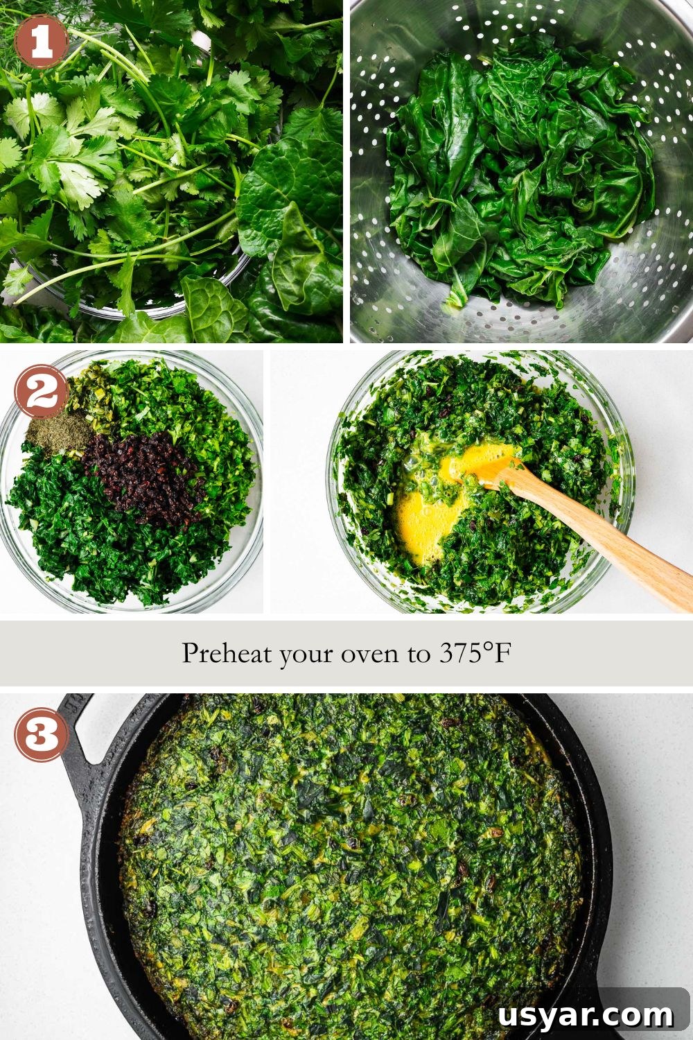 Kuku Sabzi Persian Herb Frittata Recipe 4 The three steps to make kuku sabzi: prepare ingredients, mix the greens with eggs, and bake in a preheated oven.