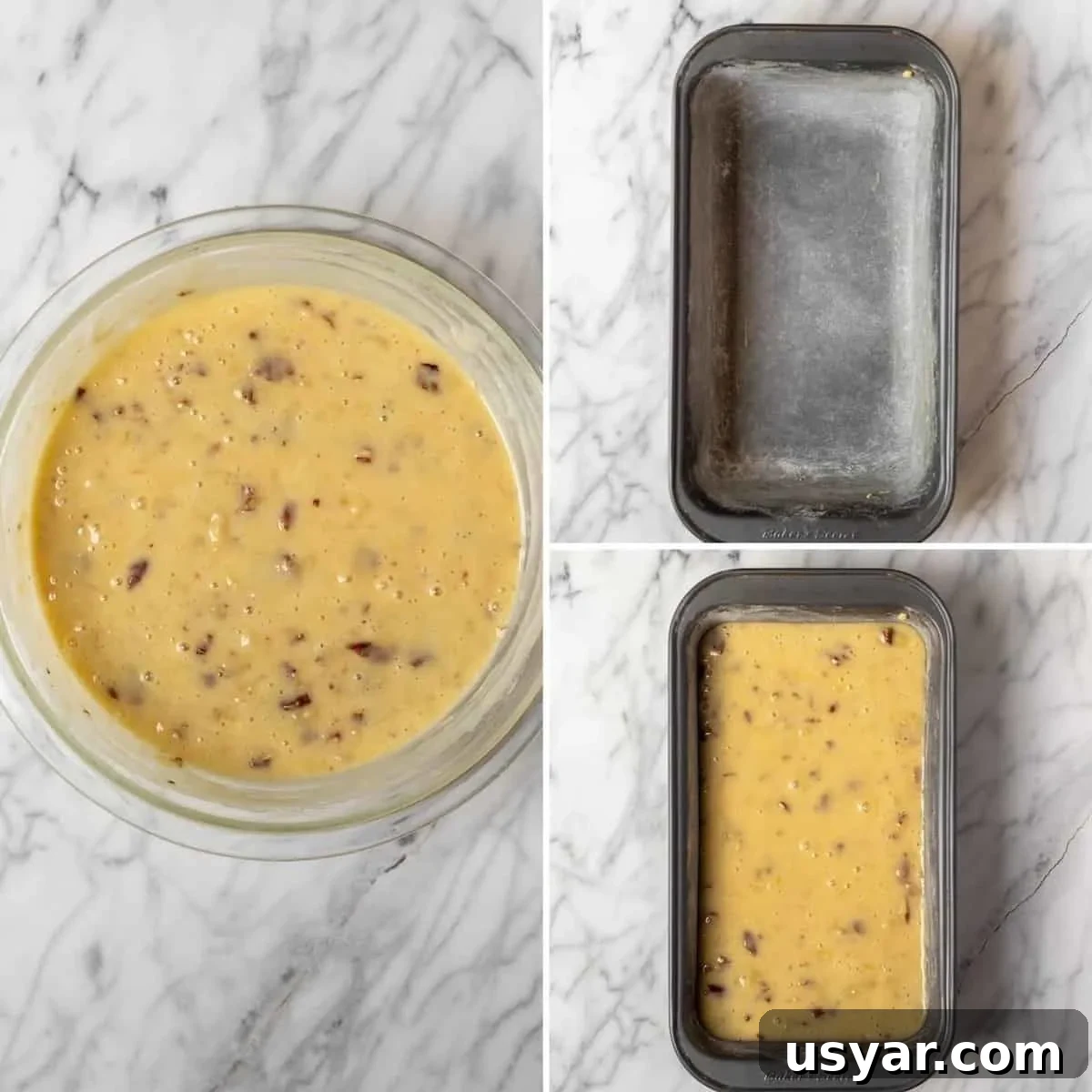 Moist Banana Bread Recipe with Ripe Bananas 5 Three photo process collage of mixing batter and pouring into prepared loaf pan.