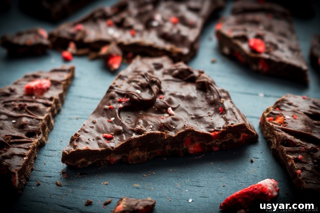 Chocolate bark with freeze dried strawberries