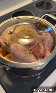 A covered pot on the stove with a whole chicken and vegetables.