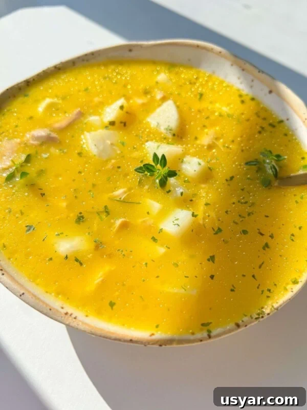 A bowl of Hidden Veggie Chicken Soup with chunks of potato, garnished with herbs, sits on a white surface in bright sunlight.