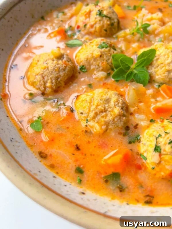 A close-up of a bowl of soup with meatballs, diced carrots, rice, herbs, and a creamy orange broth.