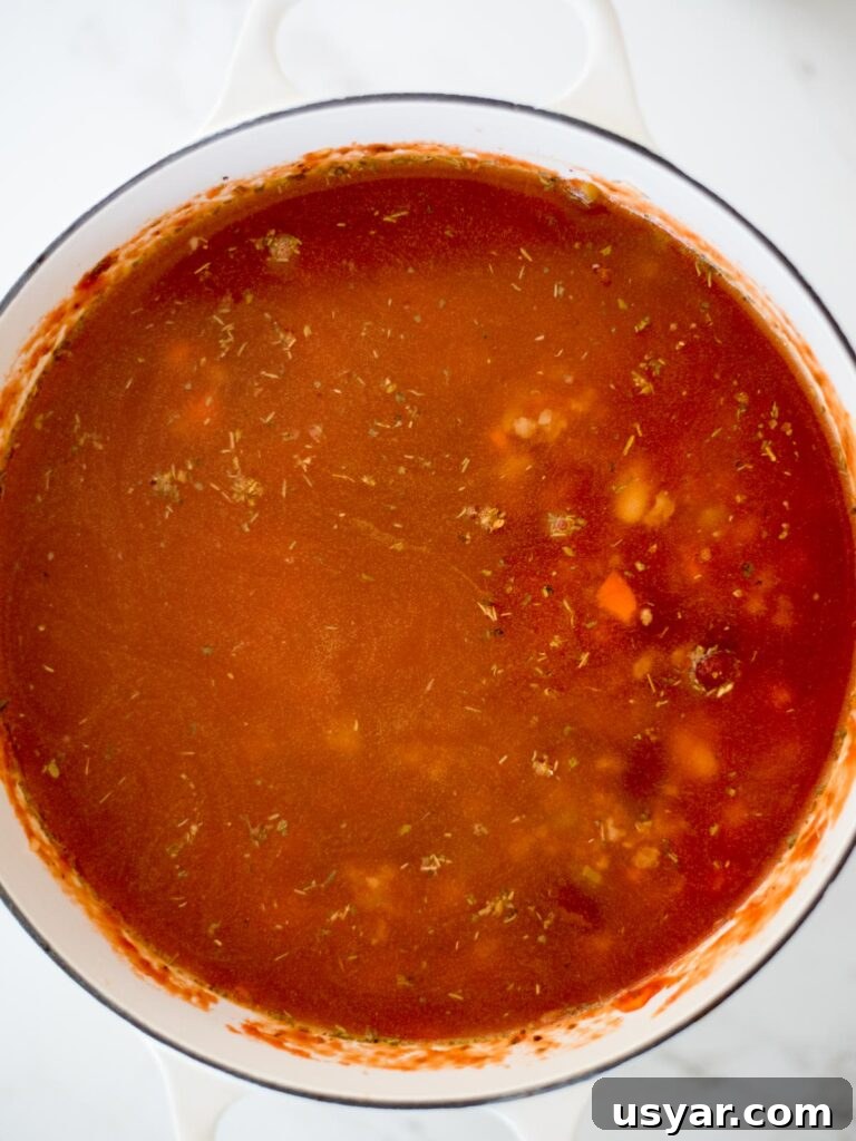 Authentic Italian Pasta e Fagioli Soup Recipe 13 chicken stock added to the dutch oven