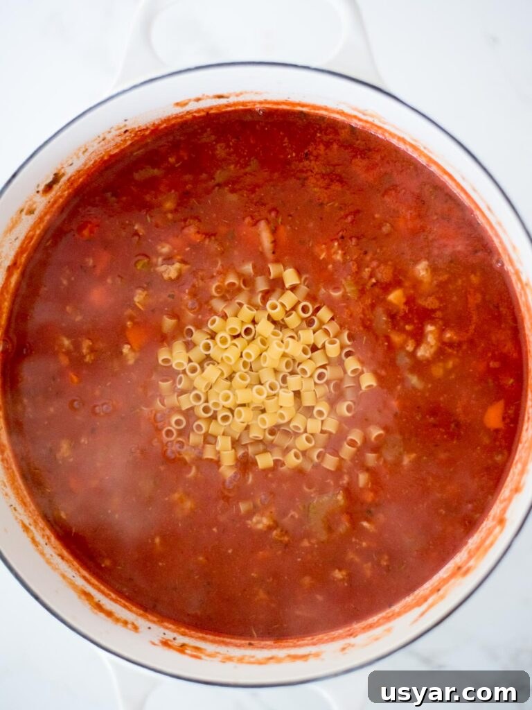Authentic Italian Pasta e Fagioli Soup Recipe 14 ditalini pasta added to the dutch oven pot
