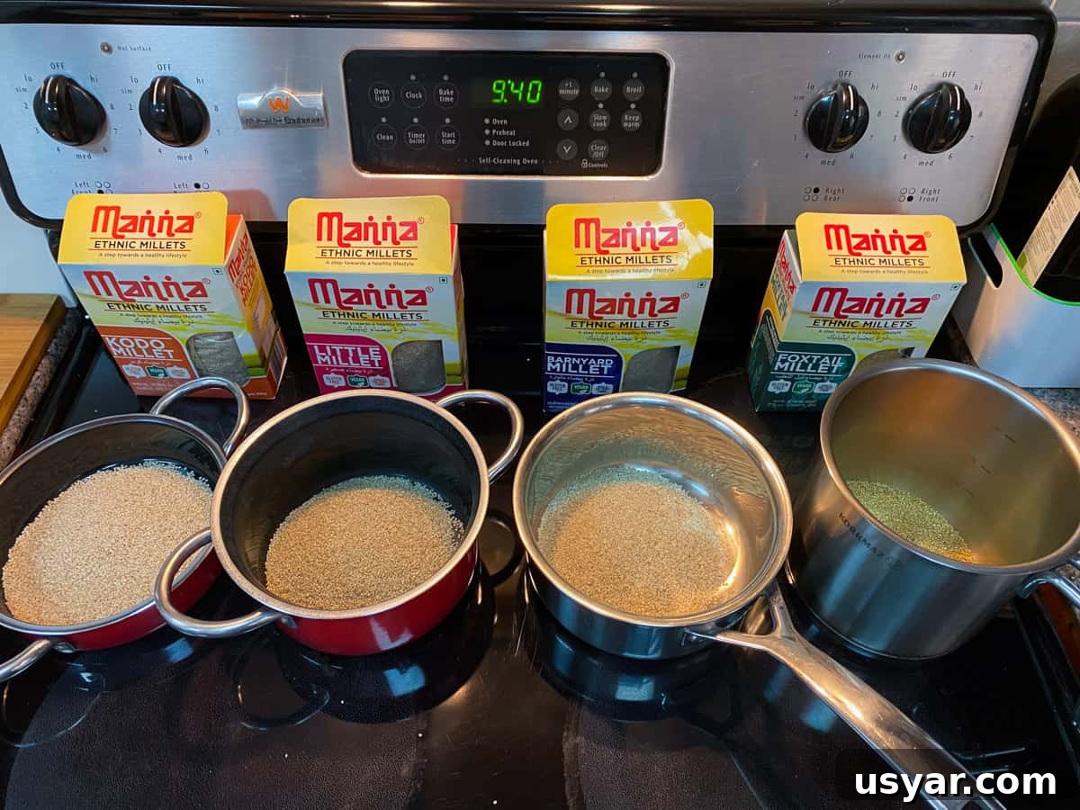 Fluffy Millet: Stovetop and Instant Pot Cooking Methods 4 Photo of 4 pans each containing different millets and the packets behind.